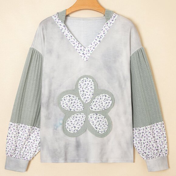 B304 Green Floral Tetured Colorblock Patchwork Lantern Sleeve Hooded Top - Picture 4 of 5